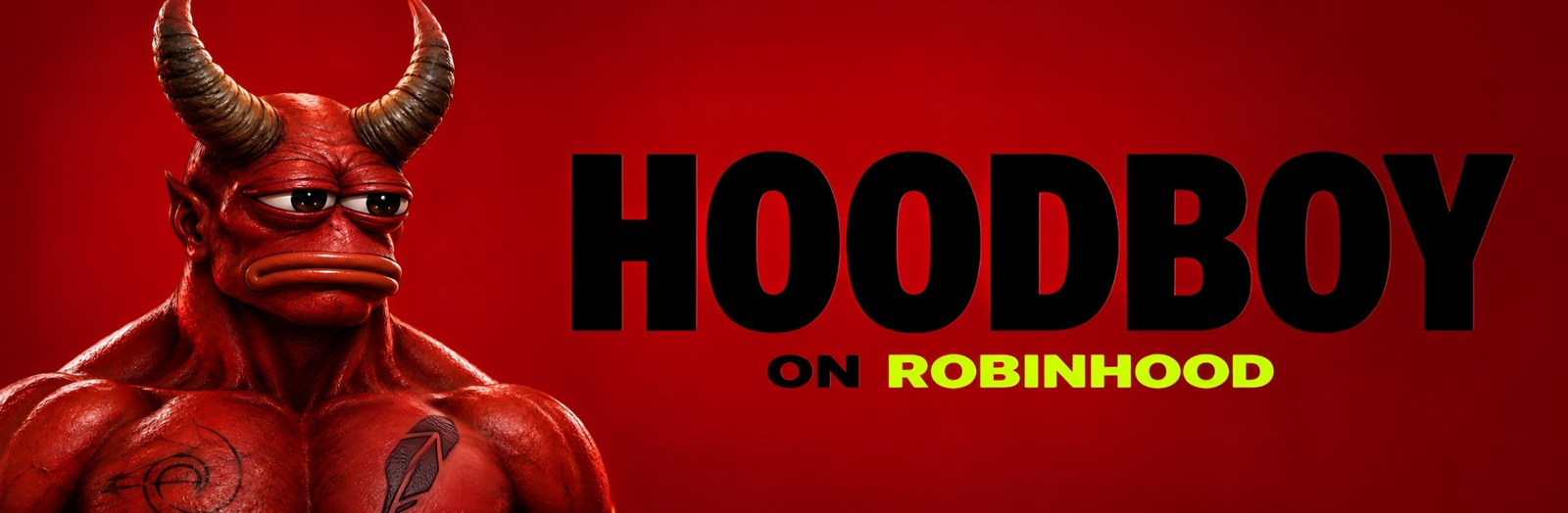 HOODBOY, a red horned devil with a smug frown